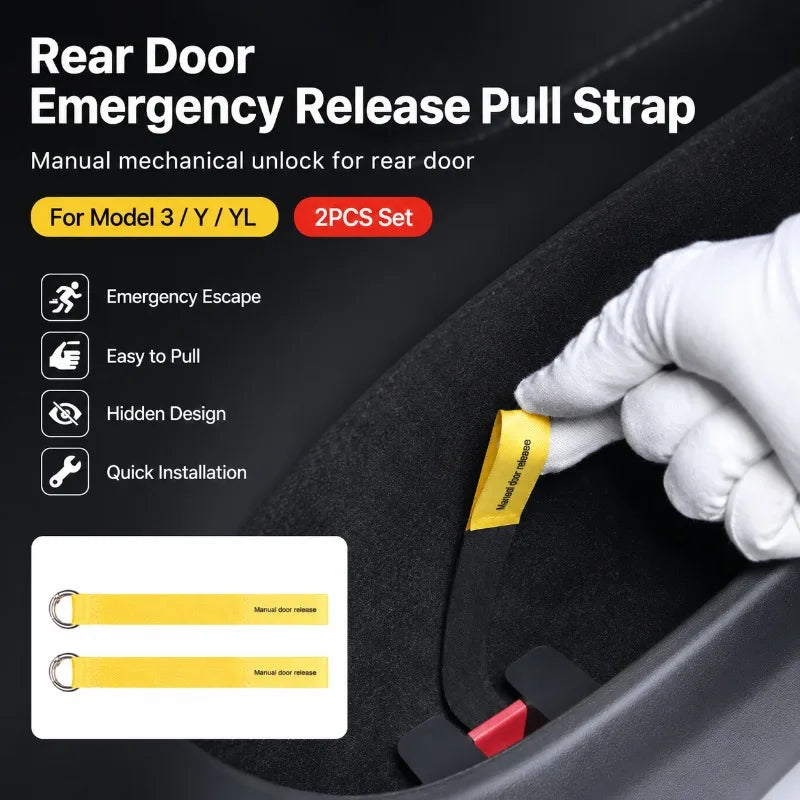 Tesla Model 3/Y Rear Door Manual Release Pull Strap 2-Pack Car Door Accessory QXL