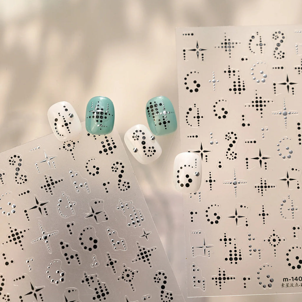 5D Black Silver Polka Dot Star Nail Art Stickers | Self-Adhesive Nail Art Stickers QXL
