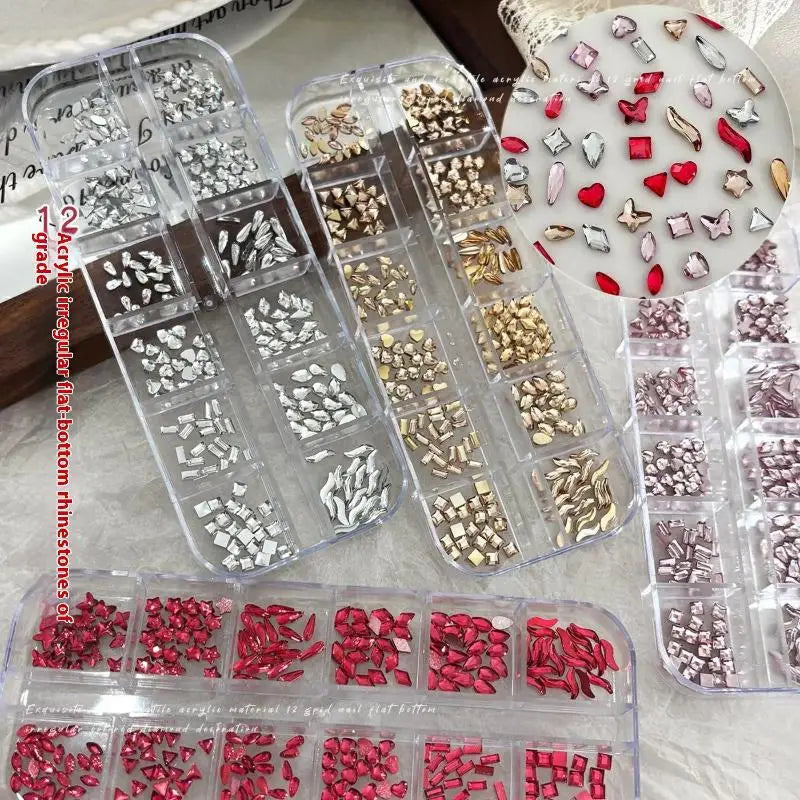 12-Grid Nail Rhinestones | Flat-Bottom Diamond Gems 50pc Set Nail Art Rhinestones QXL