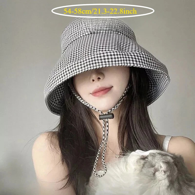 Women's Houndstooth Wide Brim Bucket Hat | Summer Beach Sun Hat Wide Brim Bucket Hat QXL