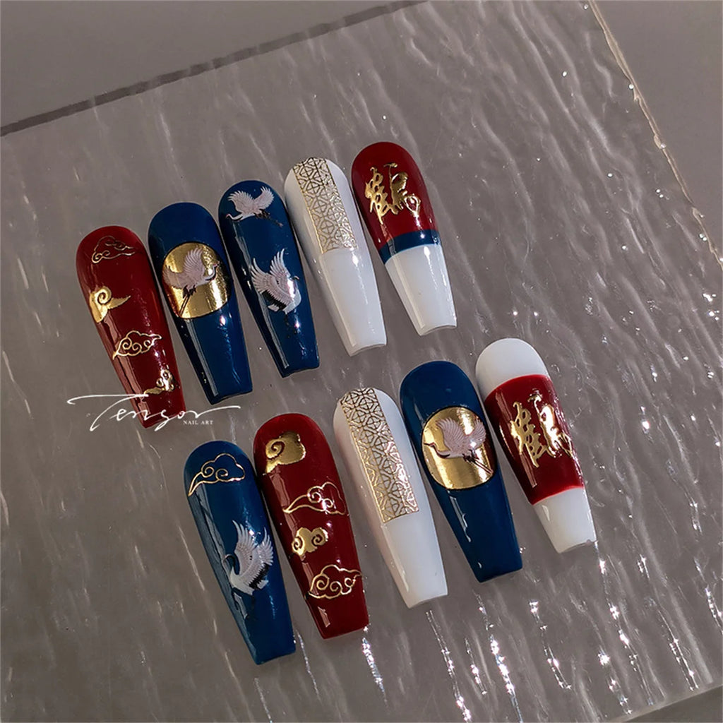 5D Bronzing White Crane Nail Art Stickers | Gold Acrylic Decals Nail Art Stickers QXL