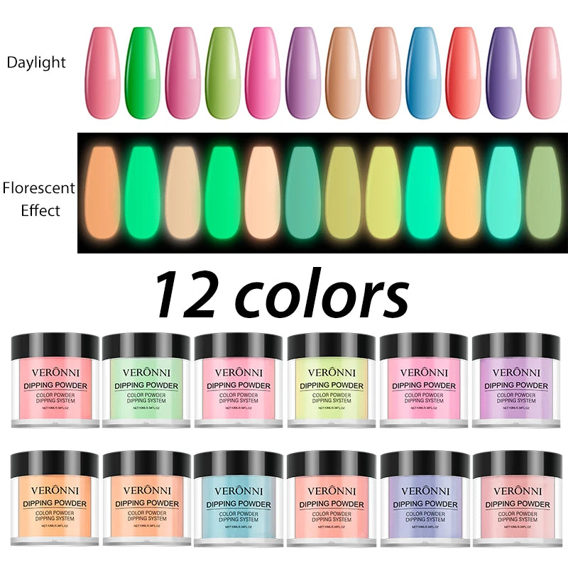 12-Color Neon Luminous Dip Nail Powder | 3D Manicure Set Dip Nail Powder QXL