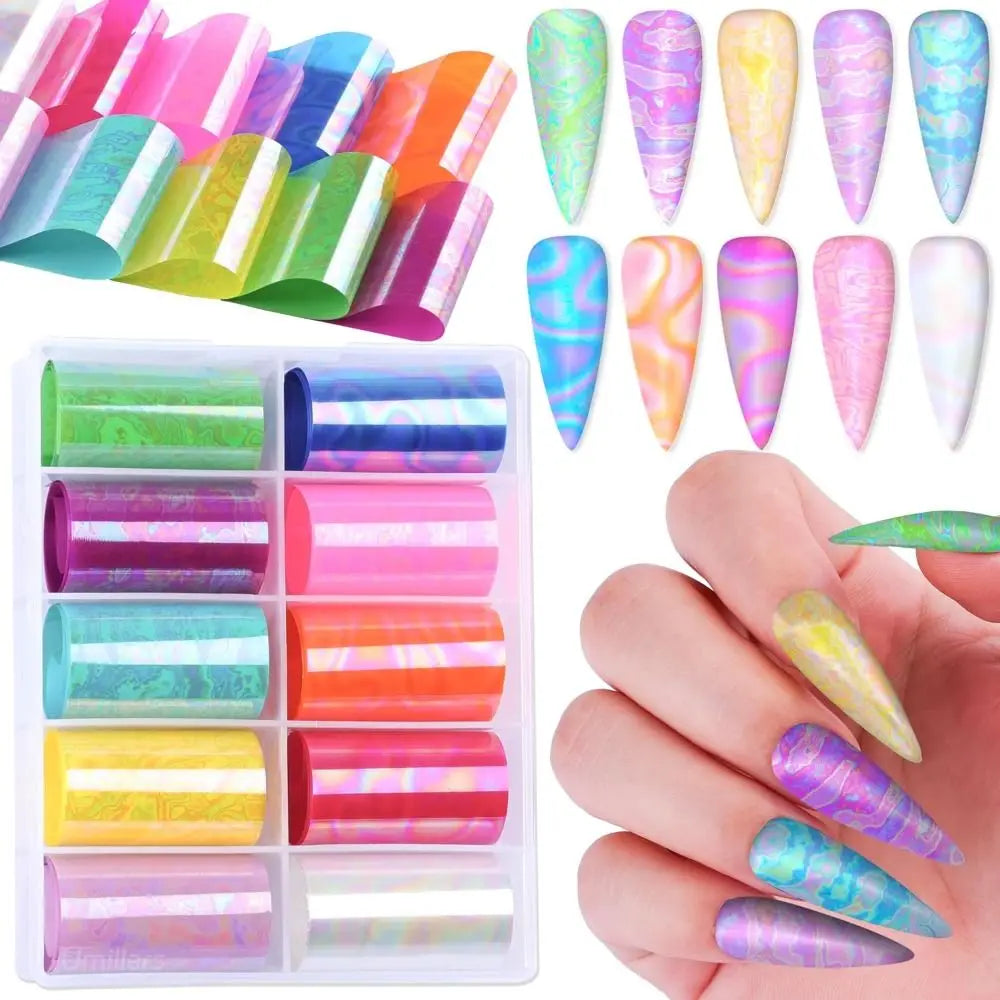 Marble Aurora Nail Art Foil Transfer Stickers – 10 Rolls Nail Foil Stickers QXL