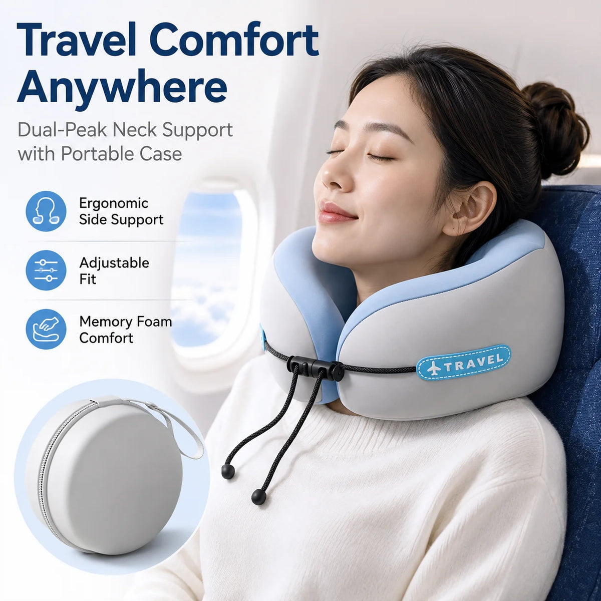 Dual-Peak Memory Foam Travel Neck Pillow with Storage Case Travel Neck Pillow QXL