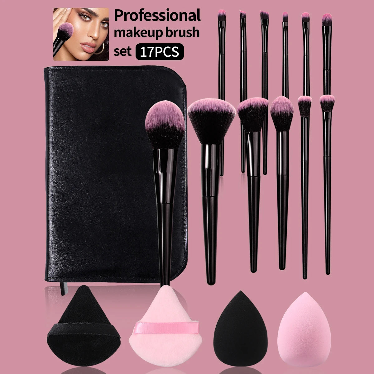 17-Pc Professional Makeup Brush Set with Bag & Sponges Makeup Brush Set QXL