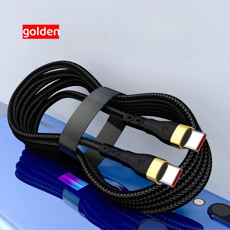 120W 6A USB-C to USB-C Fast Charging Braided Cable USB-C Charging Cable QXL Gold 2m
