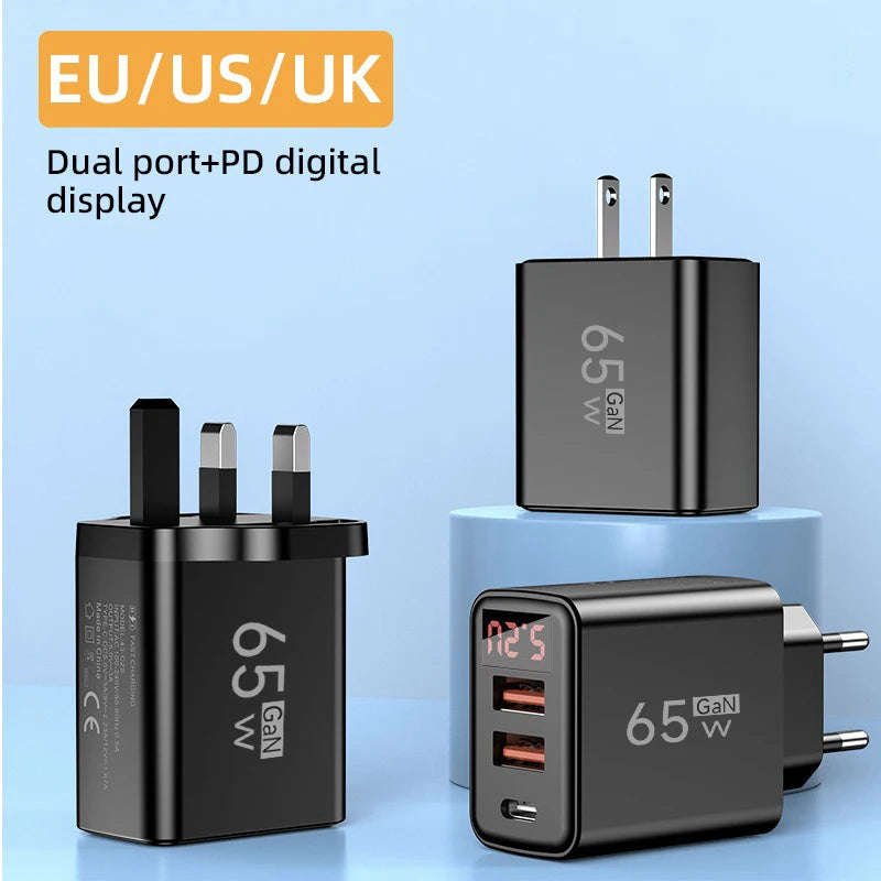 65W GaN USB-C Charger LED Display QC3.0 PD | EU US UK Plug USB-C Wall Charger QXL