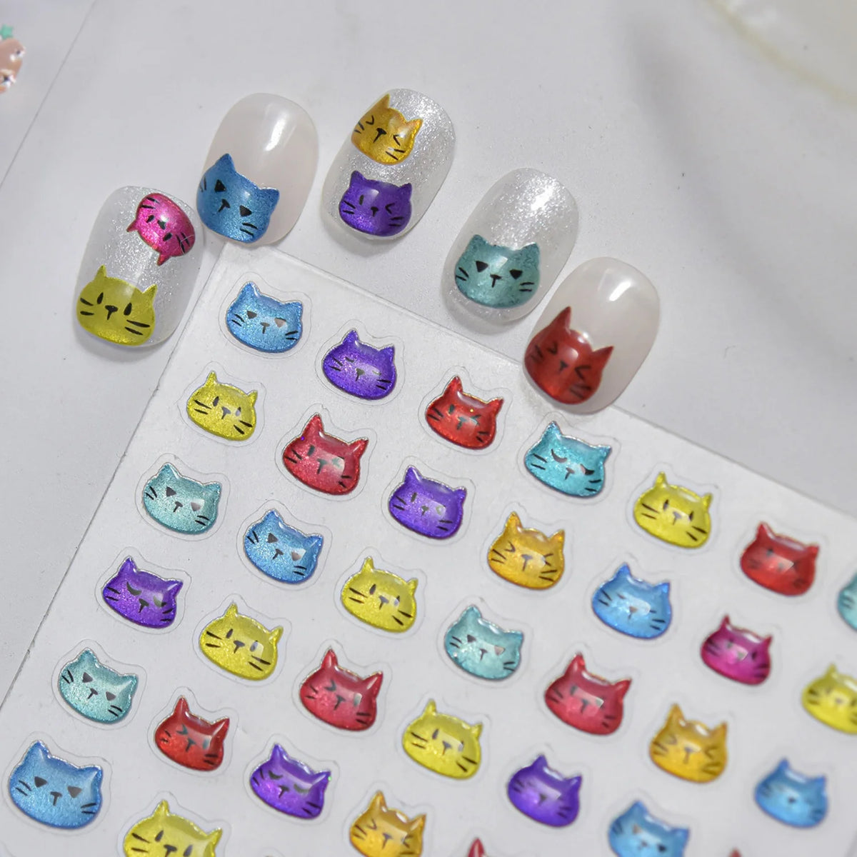 5D Cat Nail Stickers | Rainbow Kitten Cartoon Decals Nail Art Stickers QXL