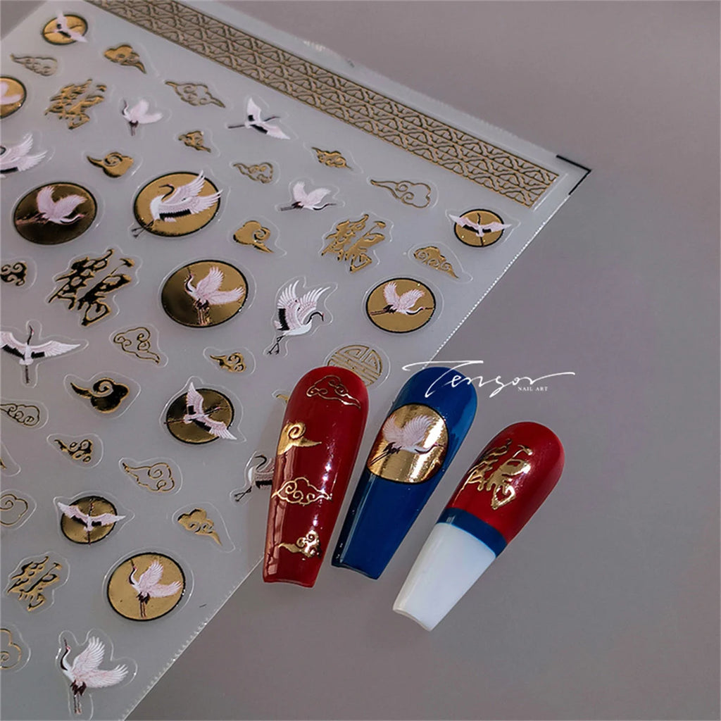 5D Bronzing White Crane Nail Art Stickers | Gold Acrylic Decals Nail Art Stickers QXL