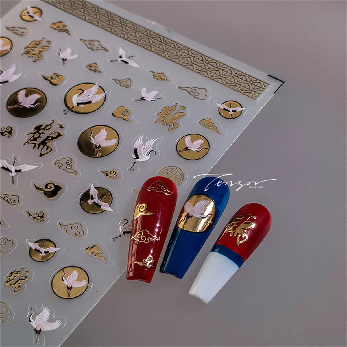 5D Bronzing White Crane Nail Art Stickers | Gold Acrylic Decals Nail Art Stickers QXL