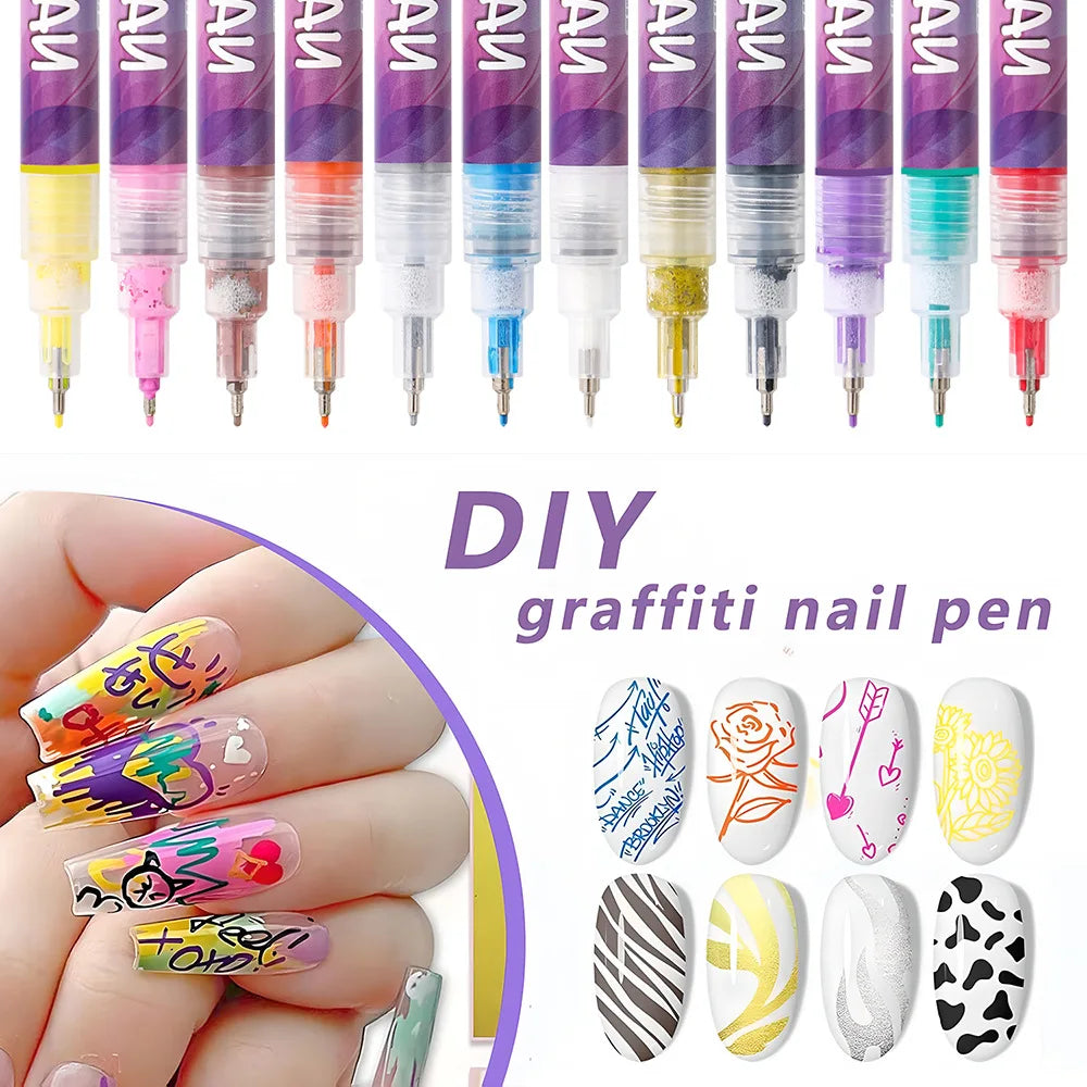 12-Pc 3D Nail Art Graffiti Marker Pens | Waterproof DIY Liner Nail Art Marker Pens QXL