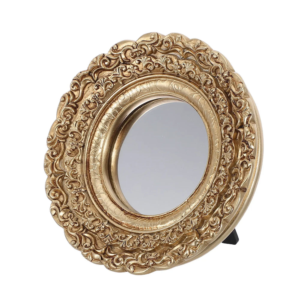 8-Inch Golden Vintage Round Embossed Makeup Hand Mirror Decorative Hand Mirror QXL