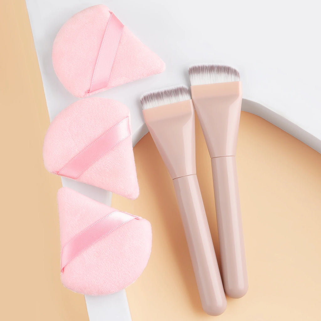 5-Pc Foundation Brush & Triangle Powder Puff Set | Ronshadow Makeup Brush Set QXL