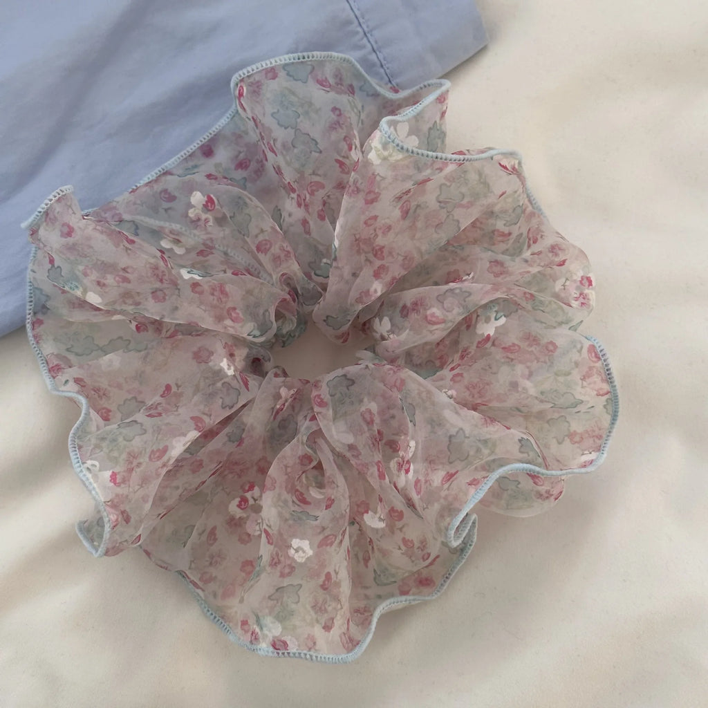 Puffy Bubble Gauze Floral Scrunchie | Korean Mori Style Floral Hair Scrunchie QXL A
