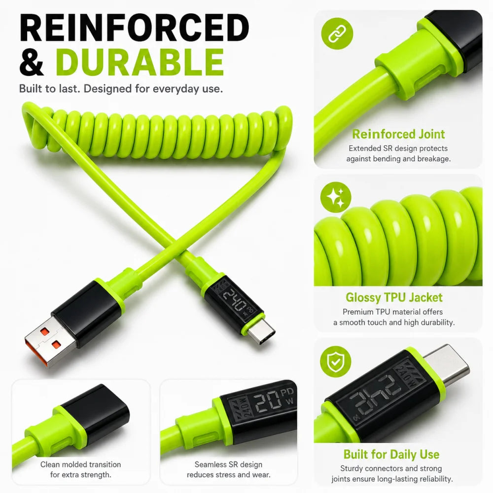 240W USB-C Retractable Fast Charging Cable – Spring Coil USB-C Charging Cable QXL