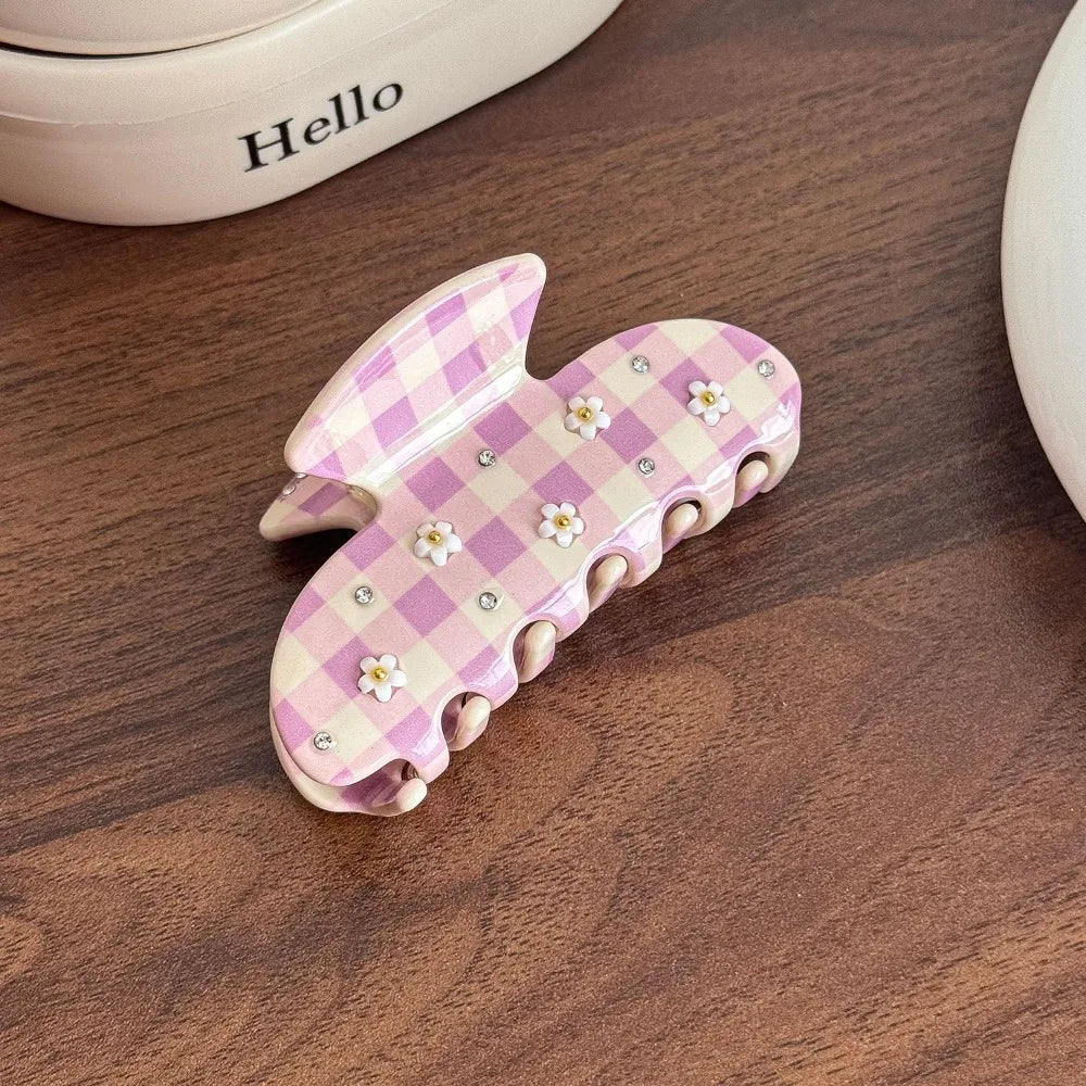 Acetate Hair Claw Clip | Cherry Rhinestone Floral Hairpin Hair Claw Clip QXL Pink Grids