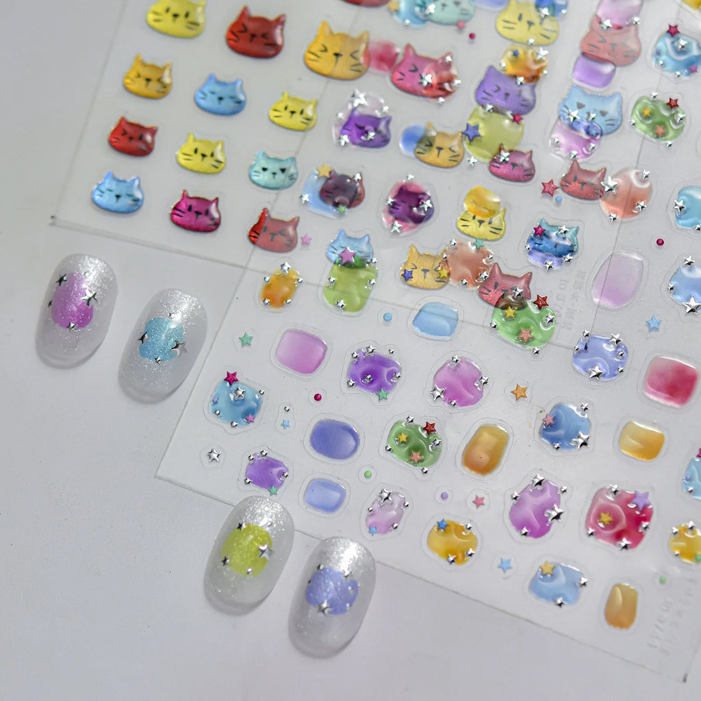 5D Cat Nail Stickers | Rainbow Kitten Cartoon Decals Nail Art Stickers QXL