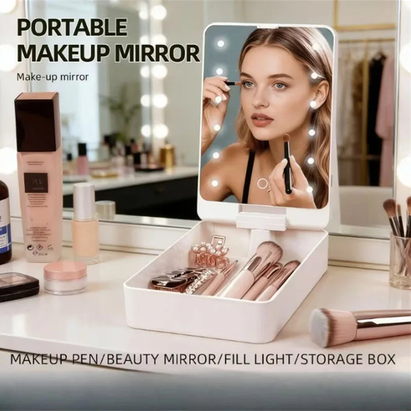 2-in-1 Makeup Brush Organizer Case with LED Mirror & USB-C Makeup Brush Organizer QXL