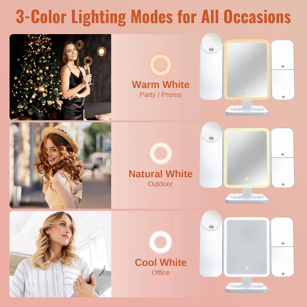 Trifold LED Makeup Mirror with Lights | Cosmomiro Vanity LED Makeup Mirror QXL