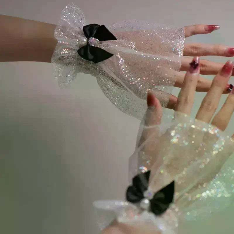 Nail Art Photo Fake Sleeves – Bow Tulle Wrist Cuffs for Nail Pics Nail Photo Prop QXL