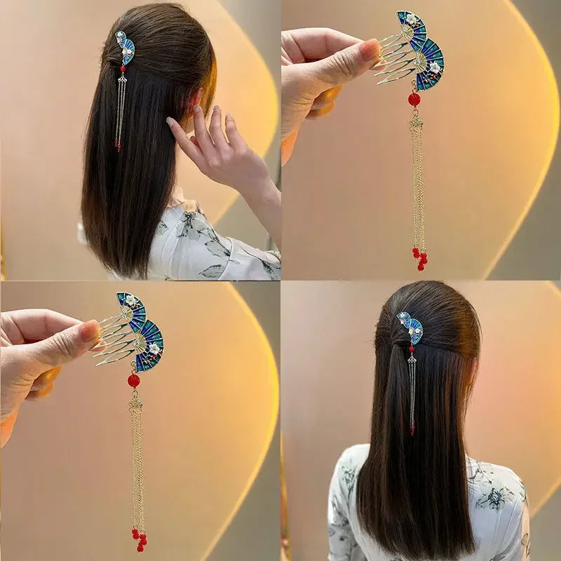 Retro Fringe Fan Hair Comb | Blue & Red Wedding Hairpin Decorative Hair Comb QXL