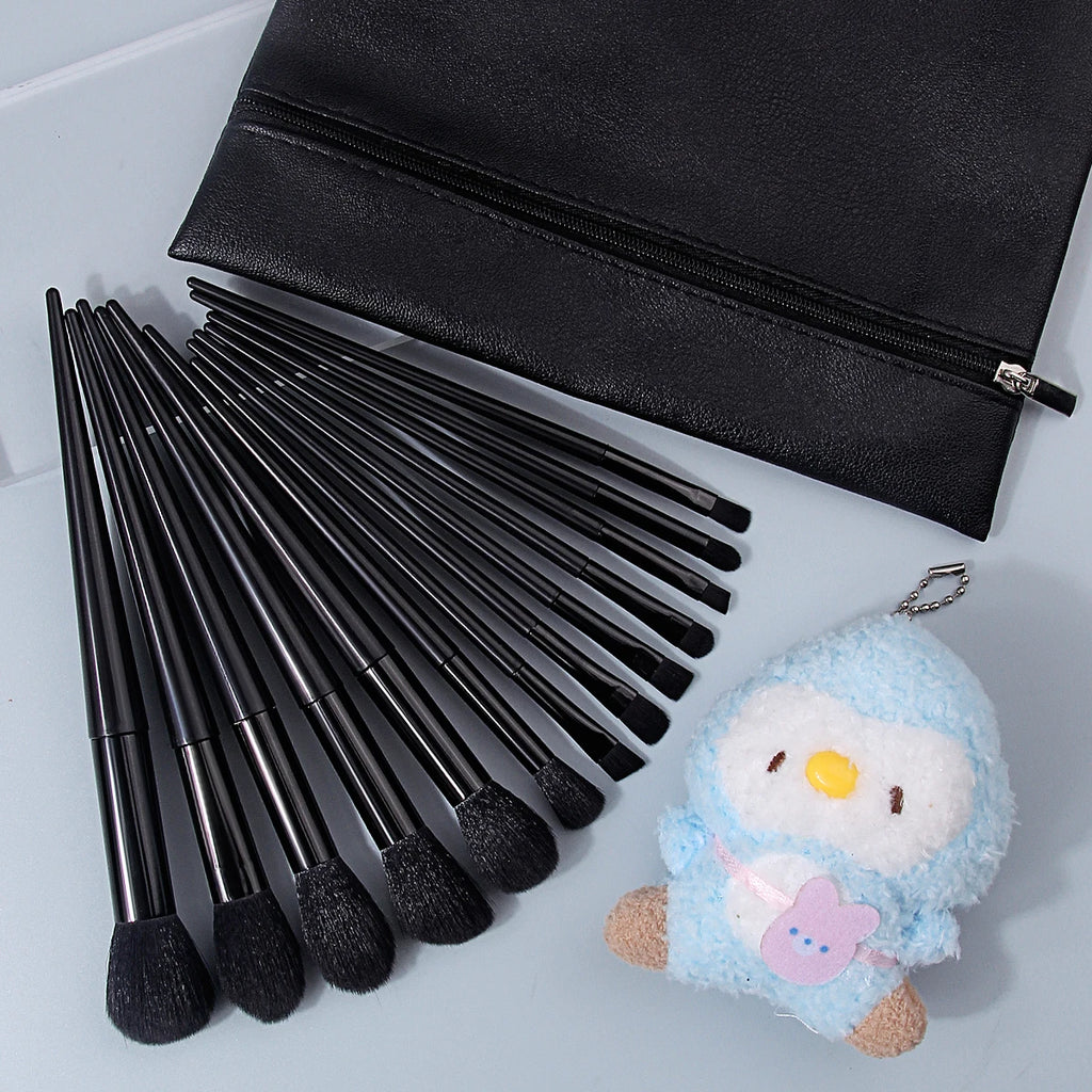 KOSSHOW 15-Pc Black Makeup Brush Set with PU Bag & Puff Makeup Brush Set QXL