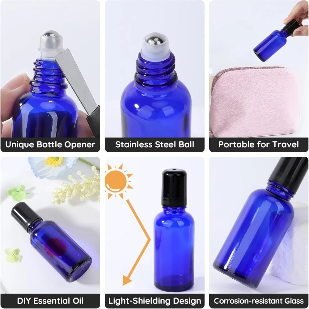 5-Pack 30ml Blue Glass Roller Bottles | Refillable Oil Applicator Glass Roller Bottles QXL