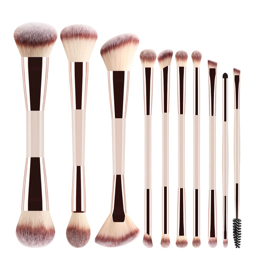 Ronshadow 10-Pc Double-Ended Makeup Brush Kit | Full Face Makeup Brush Set QXL Milk Tea