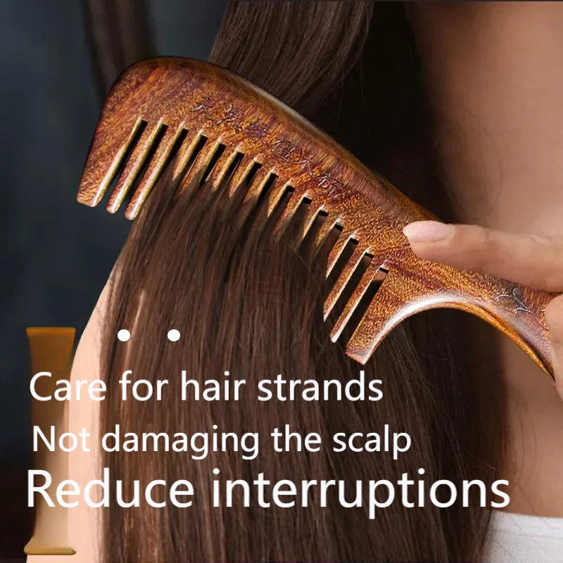 Golden Sandalwood Wide Tooth Comb | Scalp Massage & Detangle Wood Hair Comb QXL