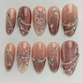 30-Pack Almond Press-On Nails | French Cat Eye Butterfly Pearl Press-On Nail Tips QXL Z1081