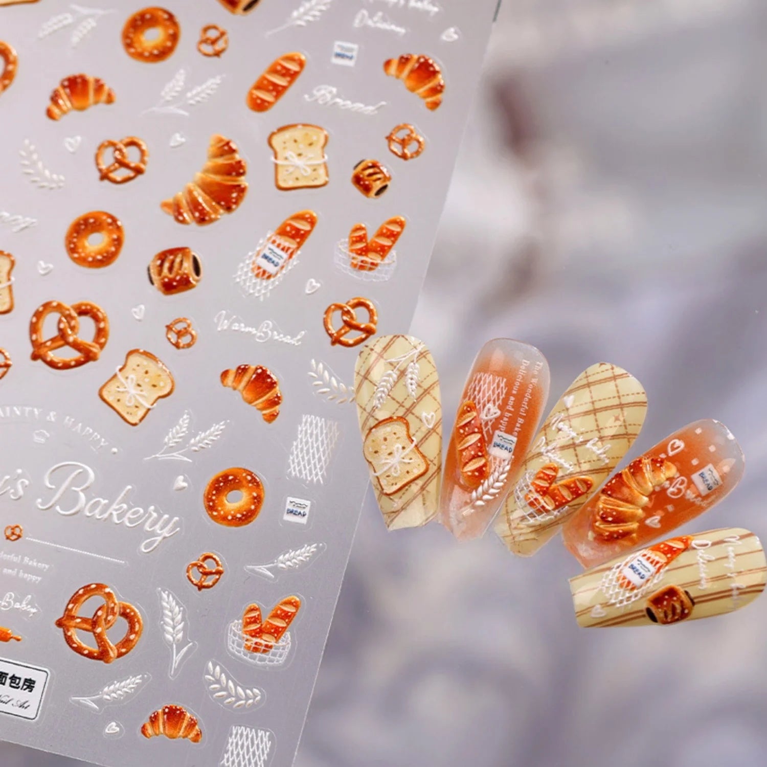 5D Embossed Bakery Nail Stickers | Croissant Food Decals Nail Art Stickers QXL