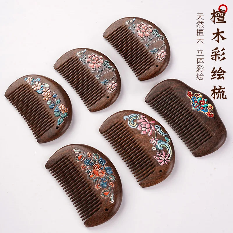 Handmade Sandalwood Hair Comb | Painted Floral Wood Comb Wooden Hair Comb QXL