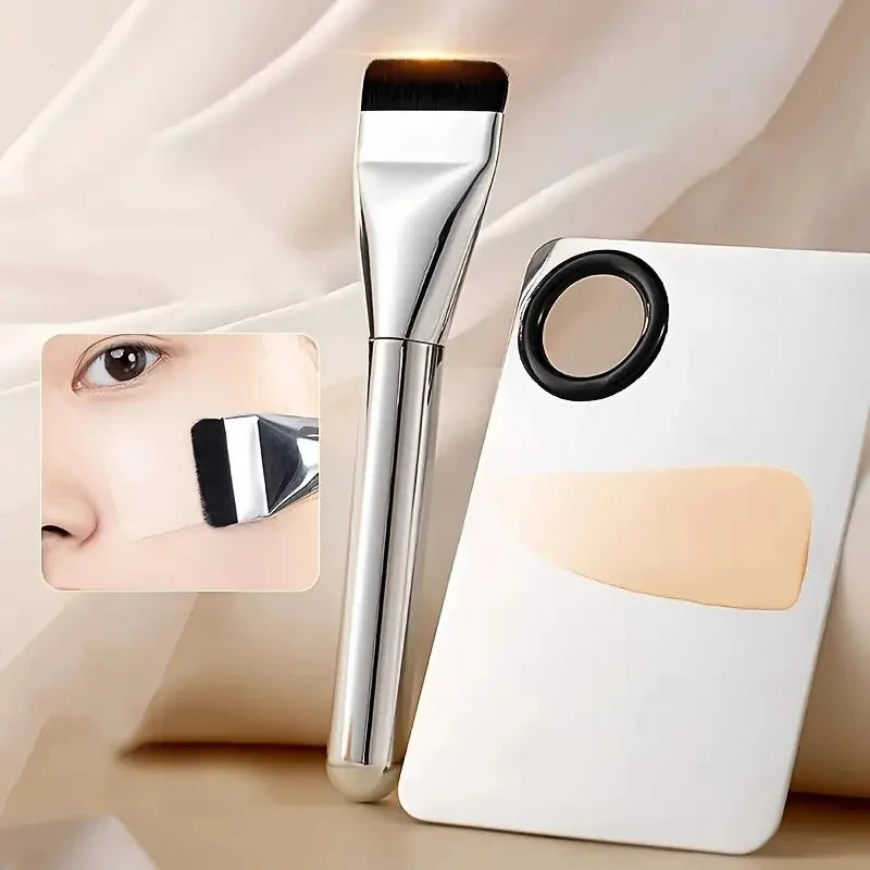 Foundation Brush & Steel Mixing Palette Set – 2 Pcs Makeup Brush & Palette Set QXL