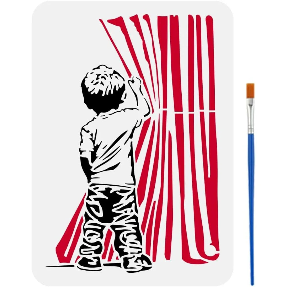 Banksy-Style Boy Curtain Painting Stencil A4 + Brush | DIY Art Painting Stencil QXL