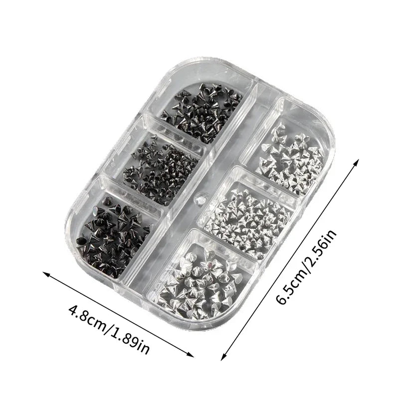 Y2K Punk Metal Rivet Nail Charms | 6-Grid Black & Silver Studs Nail Art Charms QXL