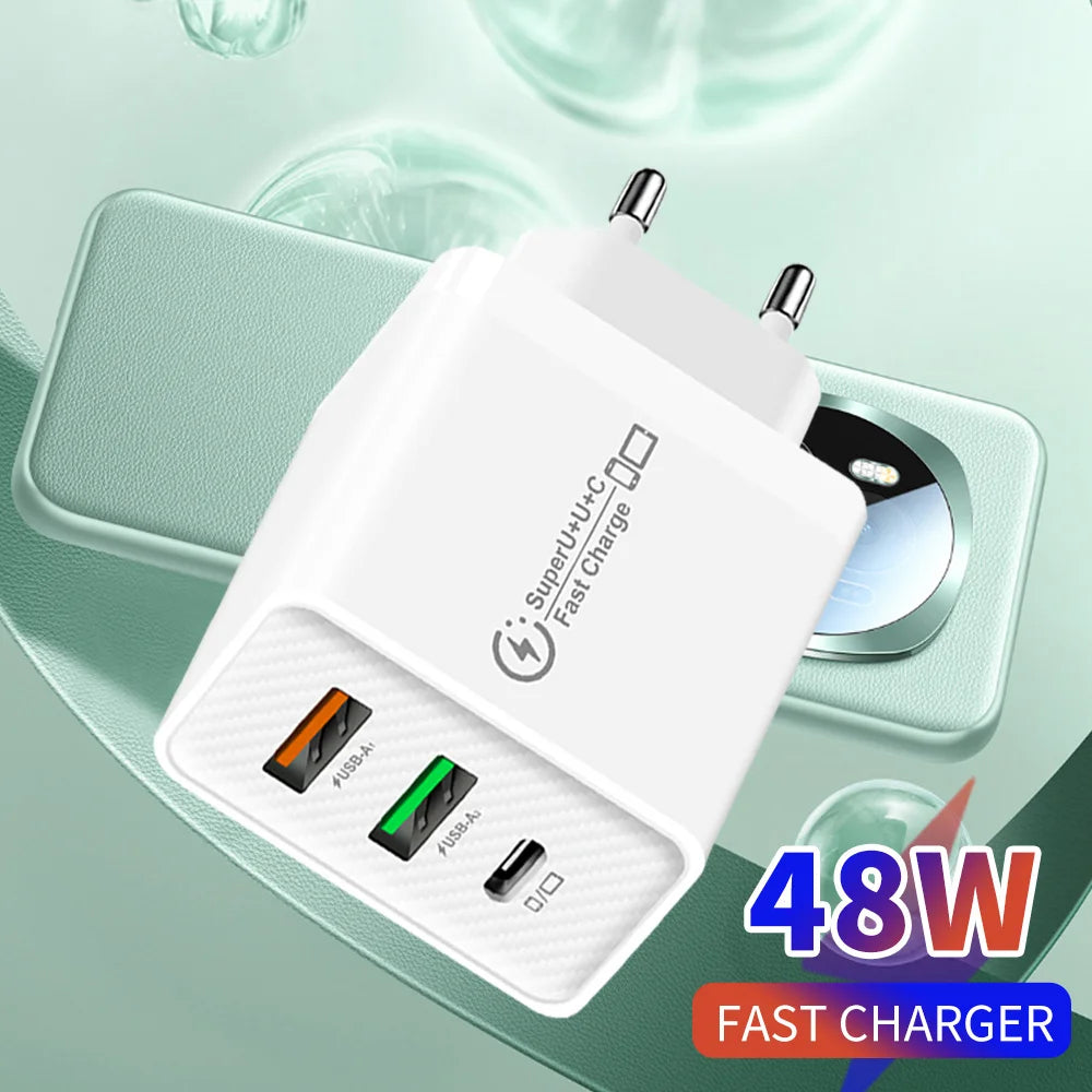 48W 3-Port USB-C PD Fast Charger | EU US UK Plug Adapter USB-C Wall Charger QXL
