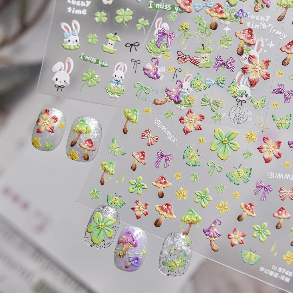 5D Embossed Nail Stickers – Mushroom Butterfly Floral Decals Nail Art Stickers QXL