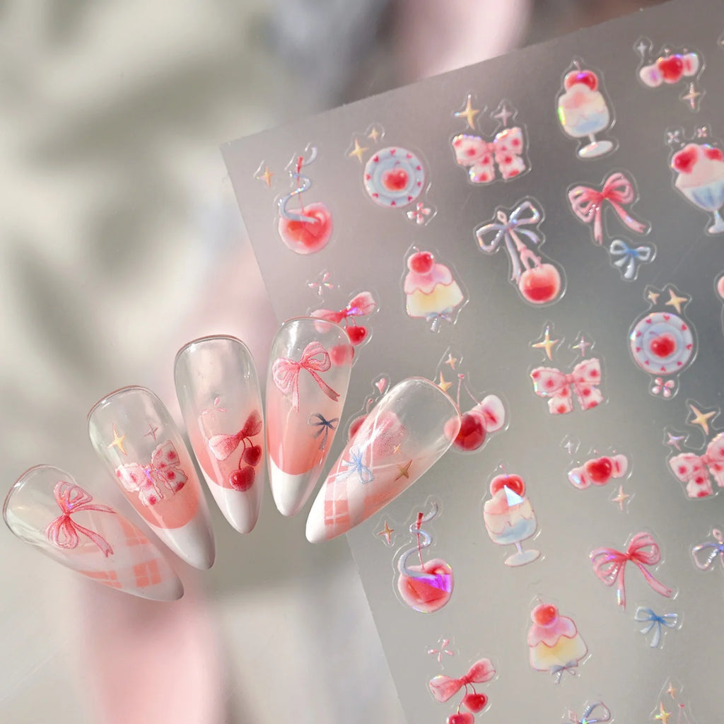5D Nail Stickers Y2K Cherry Bow Sakura Glitter Decals | NAILFYOU Nail Art Stickers QXL