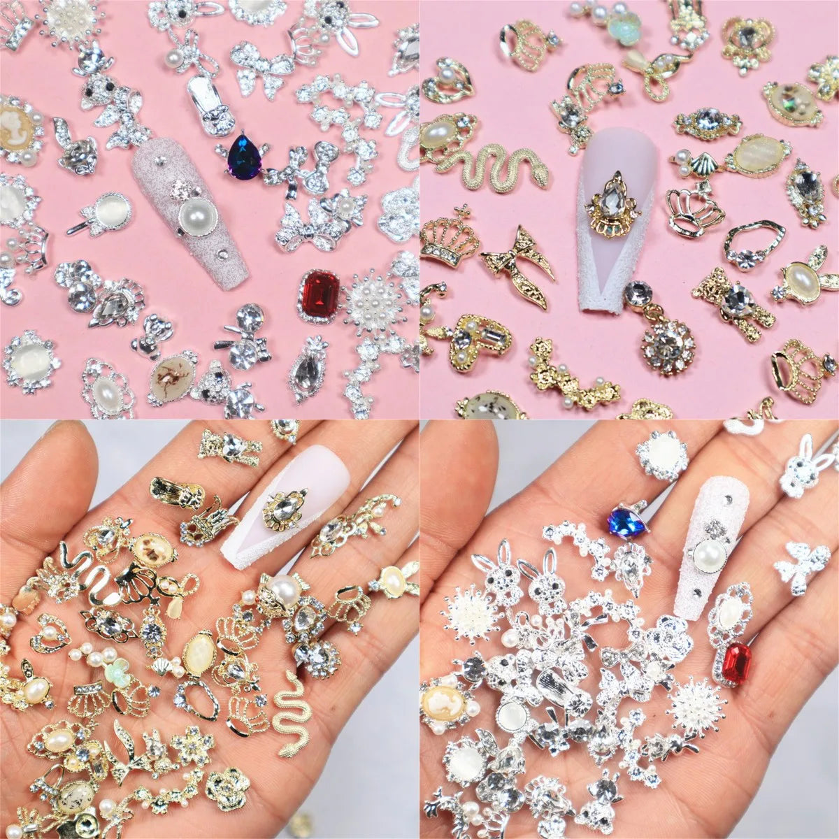 10-Pack 3D Zircon Nail Charms | Mixed Gold Silver Alloy DIY Nail Art Charms QXL