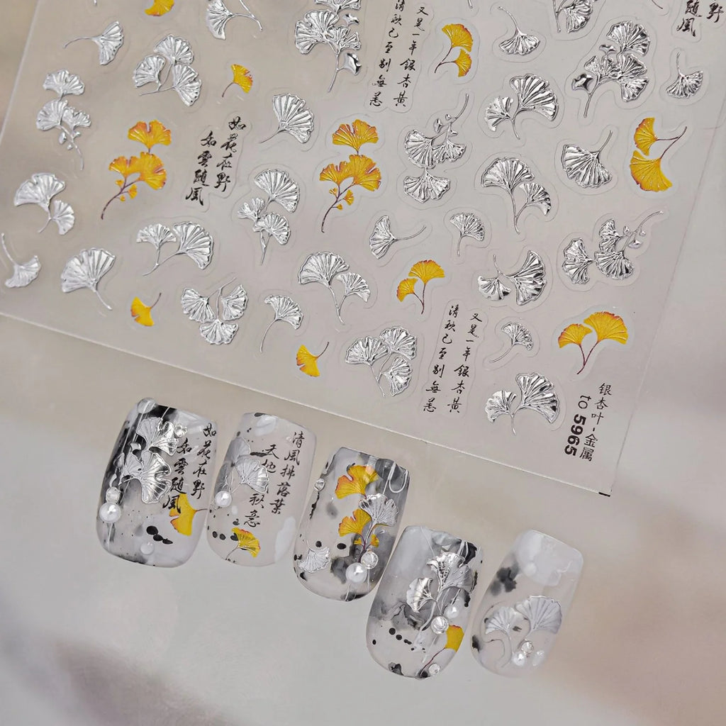 5D Ginkgo Leaf Nail Stickers | Gold Silver Hot Stamping Decals Nail Art Stickers QXL