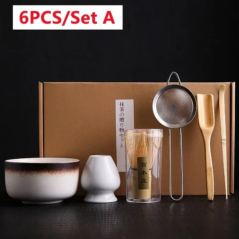 6-Pc Japanese Matcha Tea Ceremony Set | Bamboo & Ceramic Matcha Tea Set QXL 6pcs