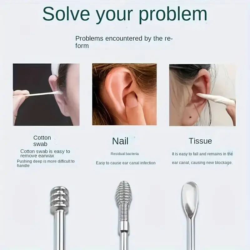 6-Pc Stainless Steel Ear Wax Removal Spiral Spoon Set Ear Wax Removal Set QXL