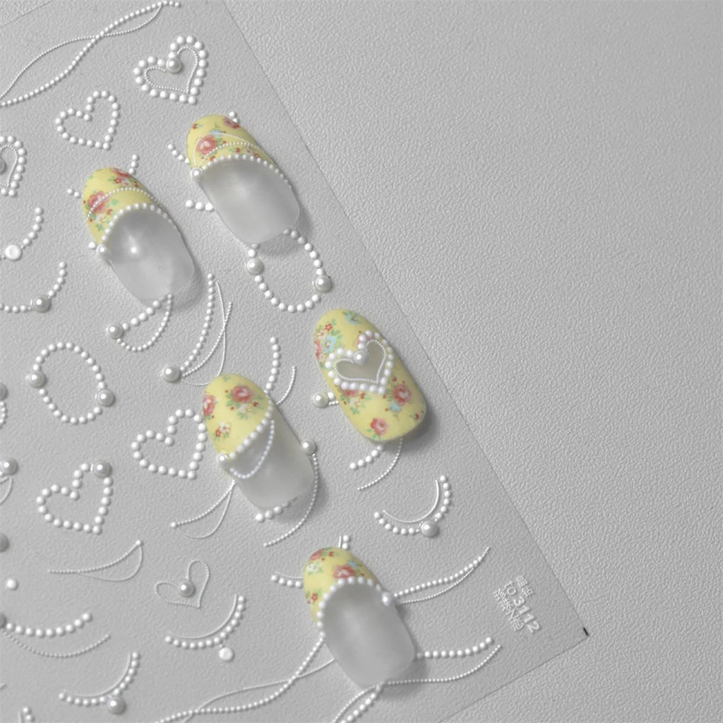 5D Pearl Lace Wave Chain Nail Art Stickers – Elegant White Decals Nail Art Stickers QXL