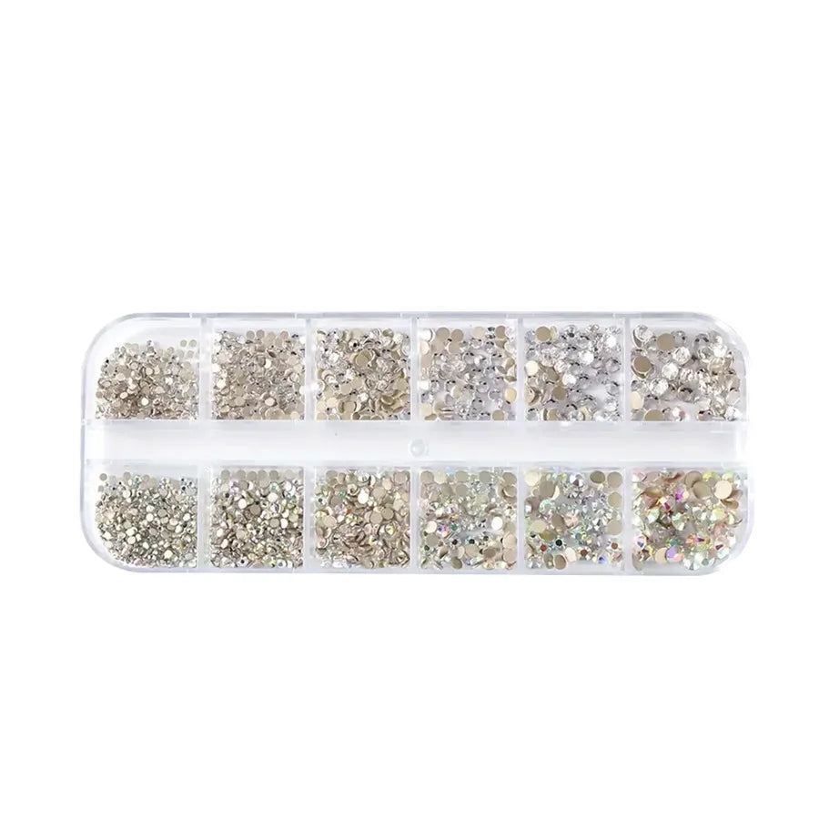 1440-Pc AB & White Glass Nail Rhinestones | 12-Grid Mixed Set Nail Rhinestone Set QXL White diamond