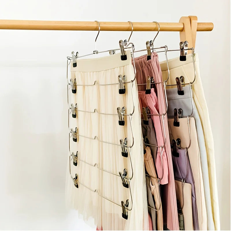 6-Tier Skirt & Pants Hanger with Clips | Space-Saving Closet Multi-Tier Clothes Hanger QXL