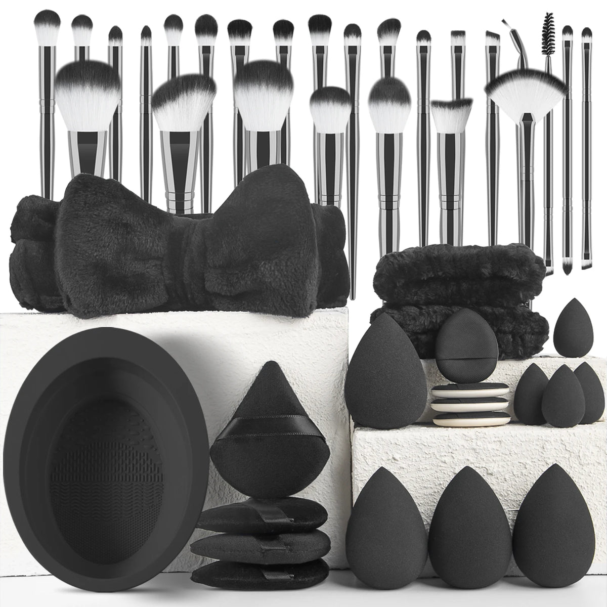 25-Pc Makeup Brush Set with Sponges, Puffs & Cleaning Bowl Makeup Brush Set QXL