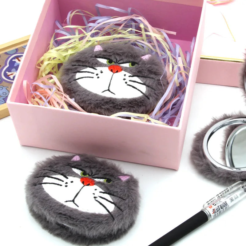 Cartoon Plush Double-Sided Compact Mirror with Magnification Compact Makeup Mirror QXL
