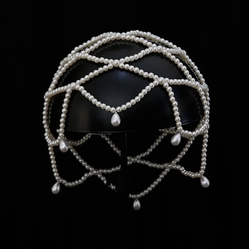 Handmade Pearl Beaded Bridal Hat | Mesh Tassel Wedding Headpiece Bridal Hat QXL A