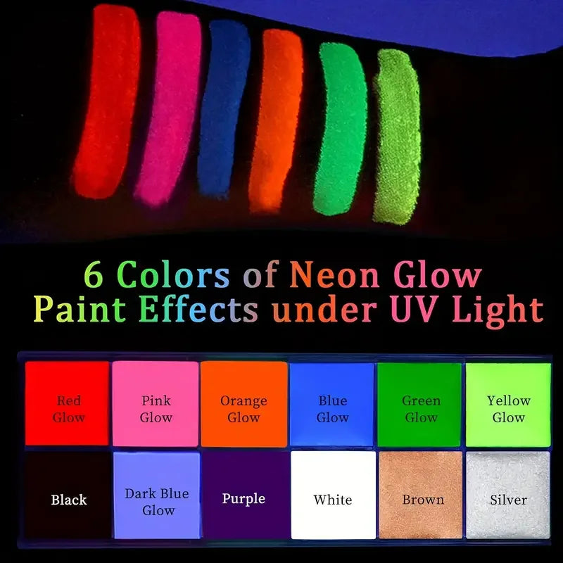 12-Color UV Glow Face & Body Paint Palette | Halloween Kit Face & Body Paint QXL