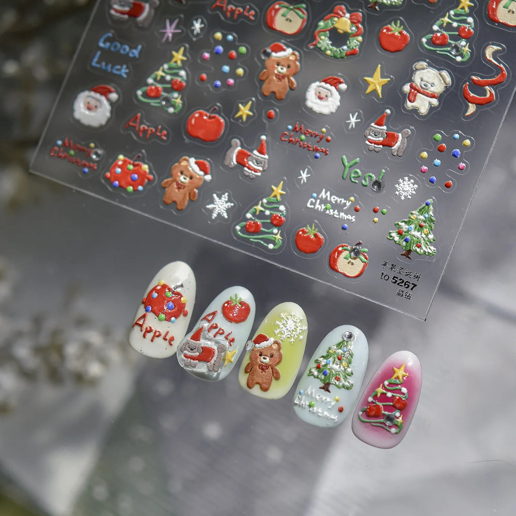3D Christmas Nail Stickers – Crystal Diamond Bear & Tree Decals Nail Art Stickers QXL
